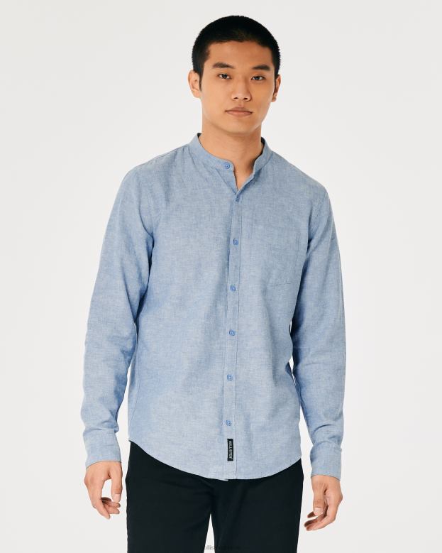 Tops Hollister Men Banded Collar Linen Blend Shirt 48820881 Heather Blue
