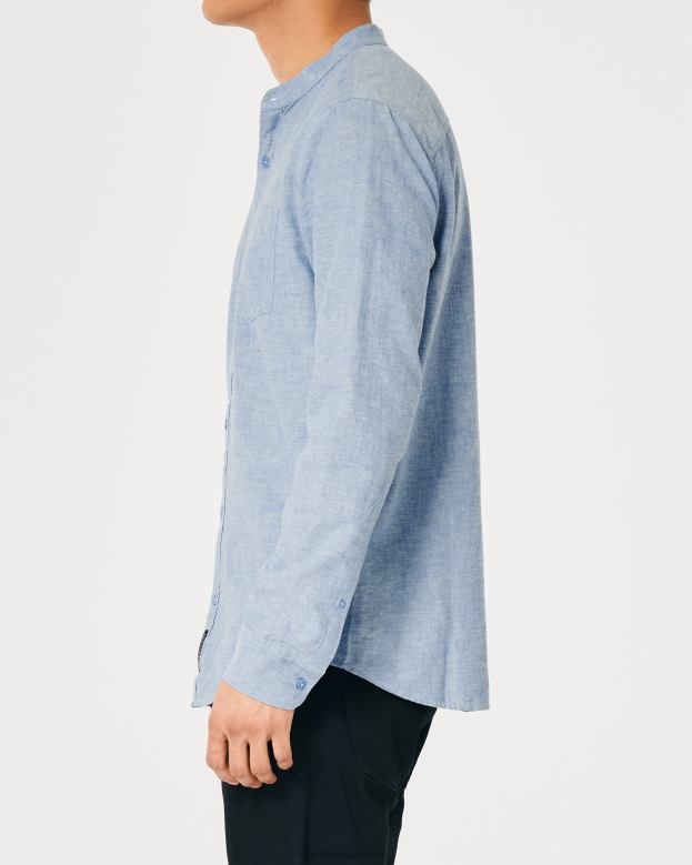 Tops Hollister Men Banded Collar Linen Blend Shirt 48820881 Heather Blue