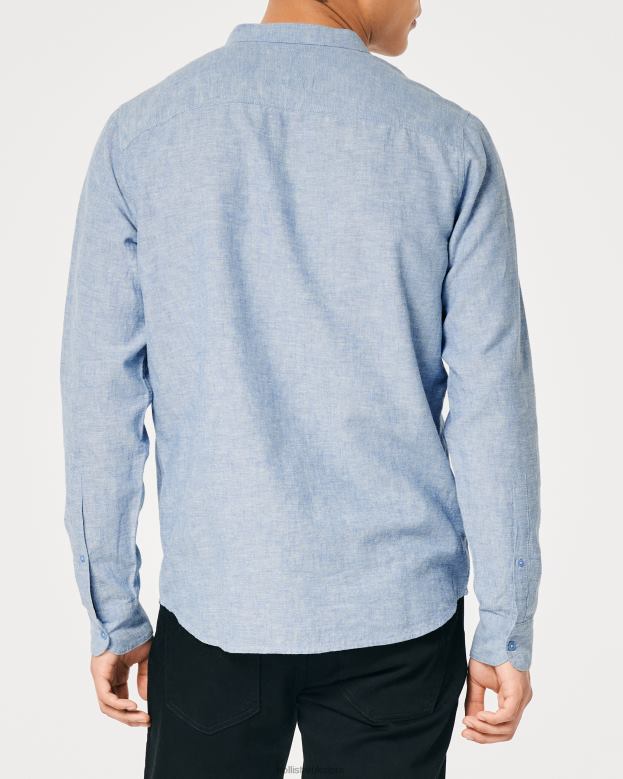 Tops Hollister Men Banded Collar Linen Blend Shirt 48820881 Heather Blue