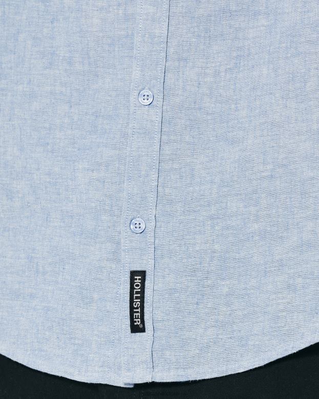 Tops Hollister Men Banded Collar Linen Blend Shirt 48820881 Heather Blue
