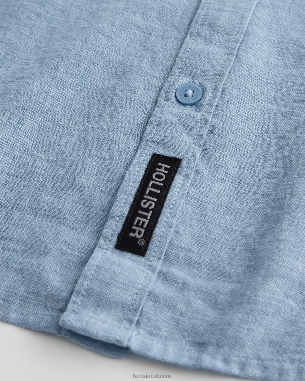 Tops Hollister Men Banded Collar Linen Blend Shirt 48820881 Heather Blue