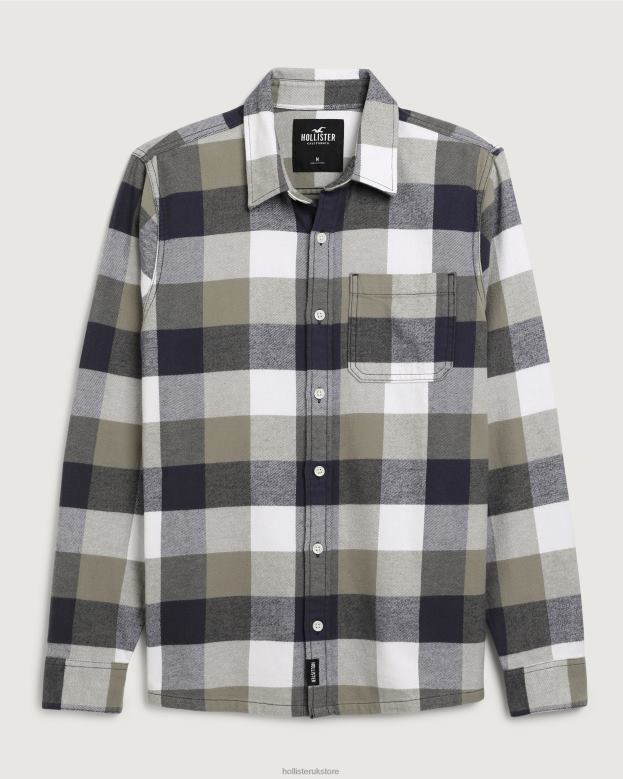 Tops Hollister Men Button-Through Flannel Shirt 488201051 Olive Check