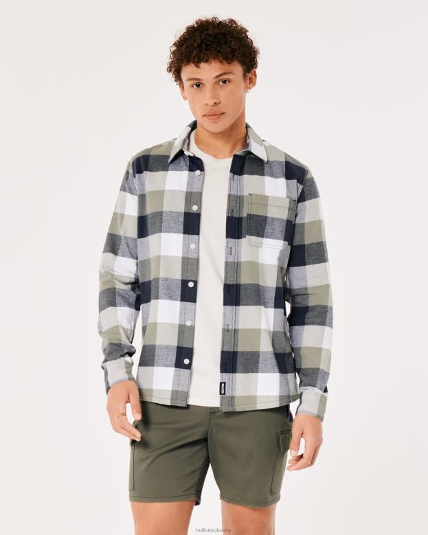 Tops Hollister Men Button-Through Flannel Shirt 488201051 Olive Check