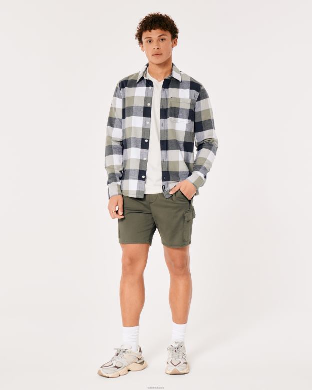Tops Hollister Men Button-Through Flannel Shirt 488201051 Olive Check