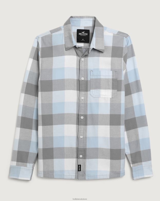 Tops Hollister Men Button-Through Flannel Shirt 48820985 Light Blue Check