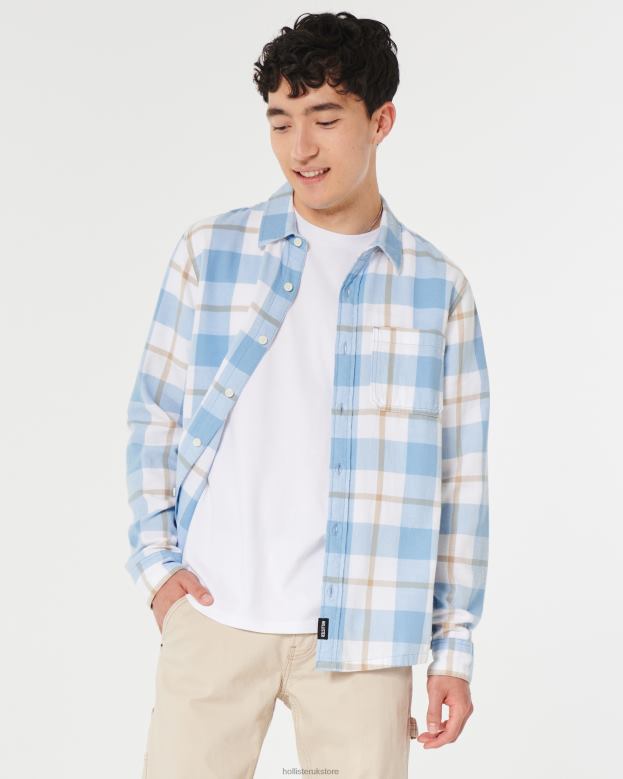 Tops Hollister Men Button-Through Flannel Shirt 48820985 Light Blue Check