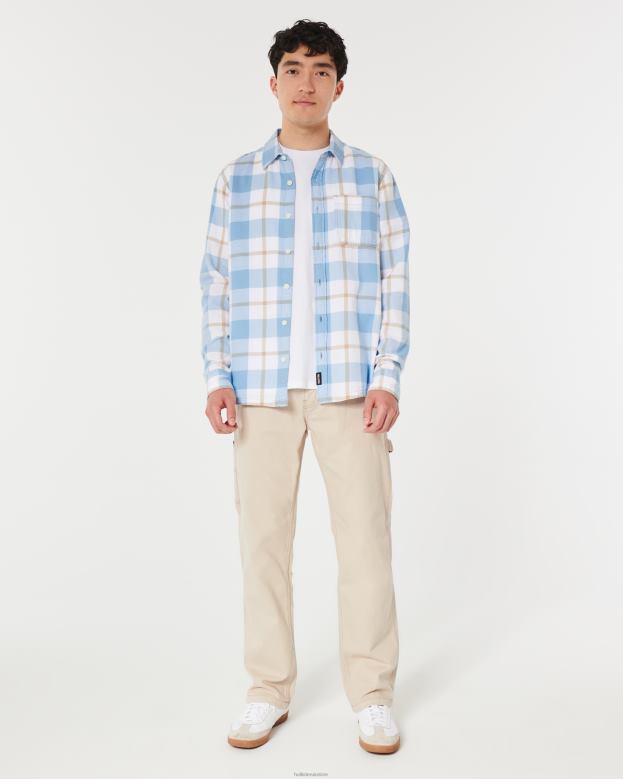 Tops Hollister Men Button-Through Flannel Shirt 48820985 Light Blue Check