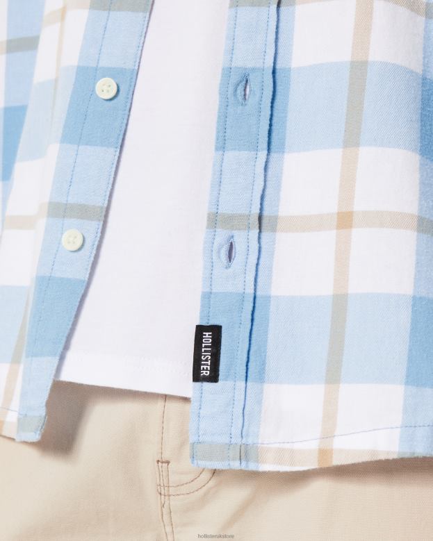 Tops Hollister Men Button-Through Flannel Shirt 48820985 Light Blue Check