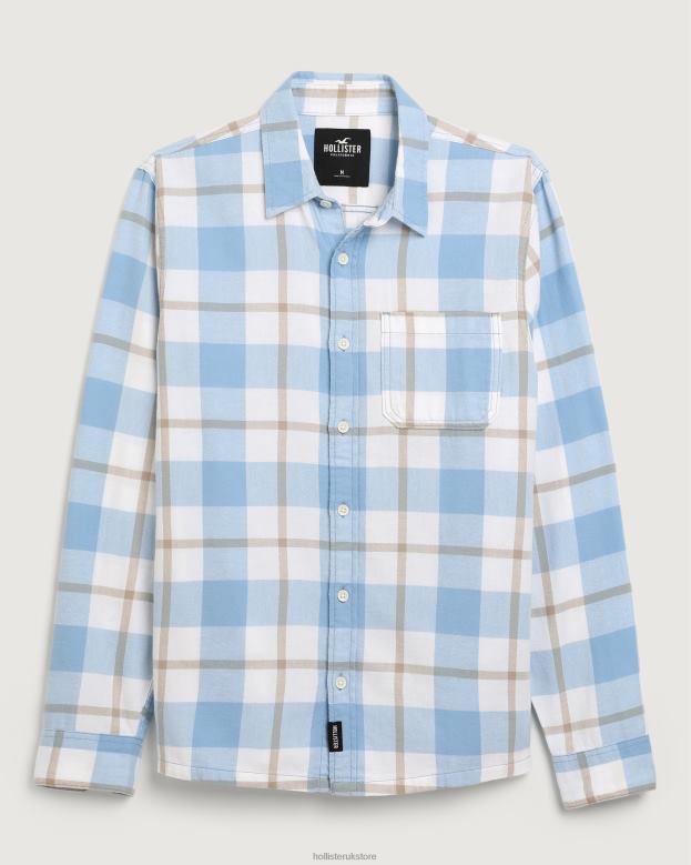 Tops Hollister Men Button-Through Flannel Shirt 48820985 Light Blue Check