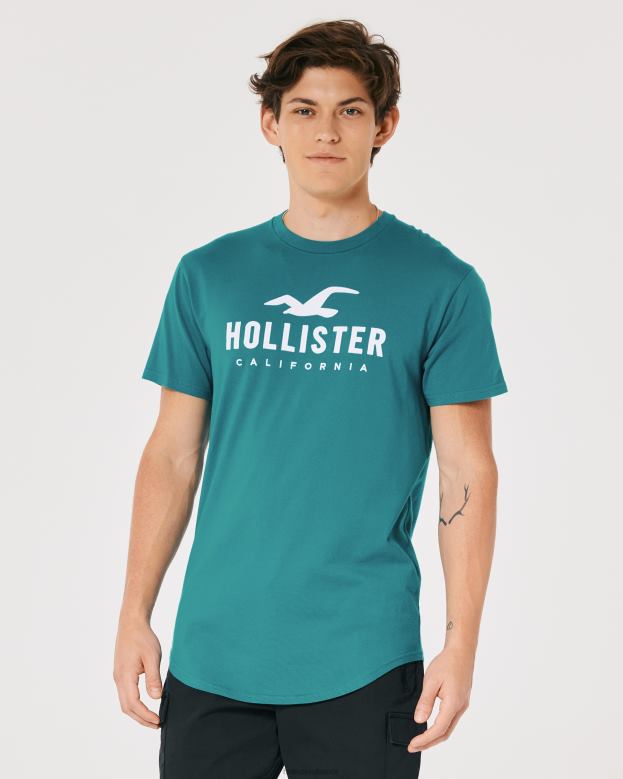 Tops Hollister Men Curved Hem Logo Graphic Tee 48820870 Dark Teal