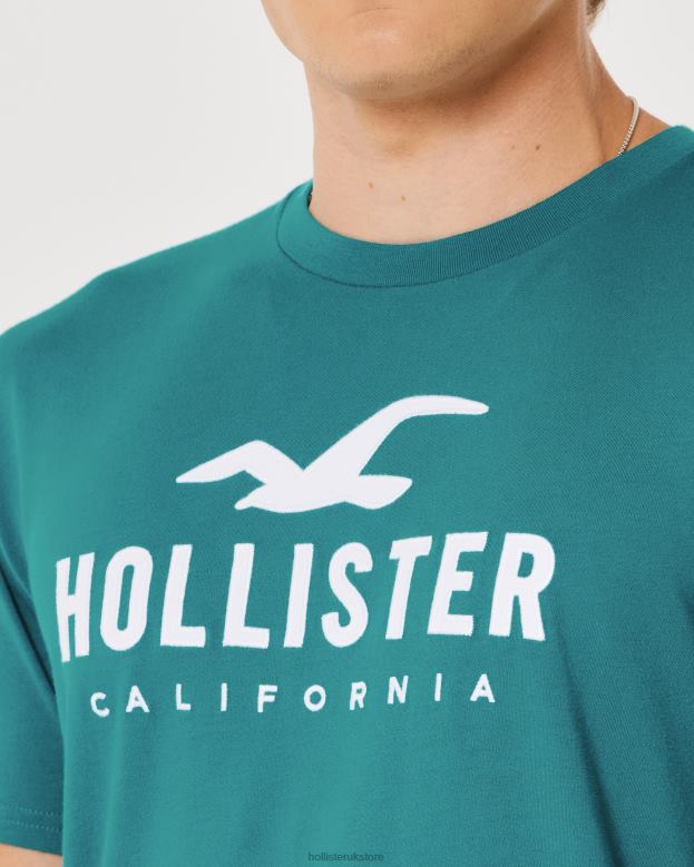 Tops Hollister Men Curved Hem Logo Graphic Tee 48820870 Dark Teal