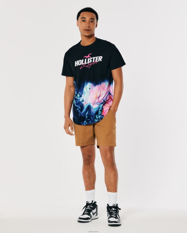Tops Hollister Men Curved Hem Wash Effect Logo Graphic Tee 48820828 Black With Pink Print