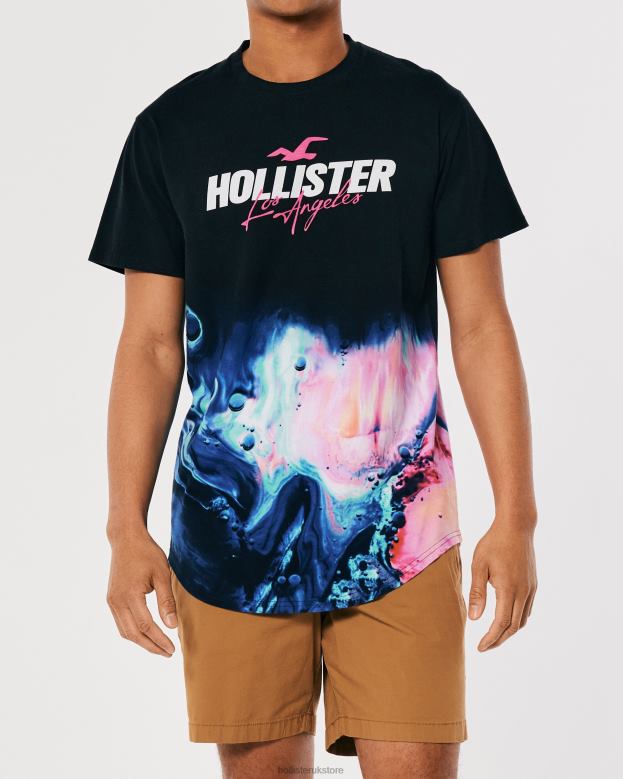 Tops Hollister Men Curved Hem Wash Effect Logo Graphic Tee 48820828 Black With Pink Print