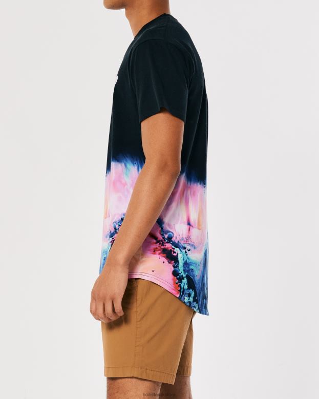 Tops Hollister Men Curved Hem Wash Effect Logo Graphic Tee 48820828 Black With Pink Print