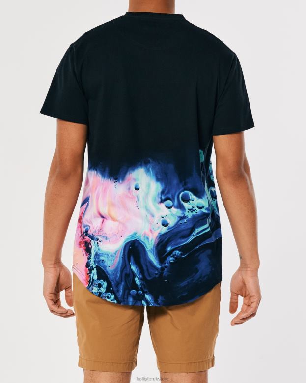 Tops Hollister Men Curved Hem Wash Effect Logo Graphic Tee 48820828 Black With Pink Print