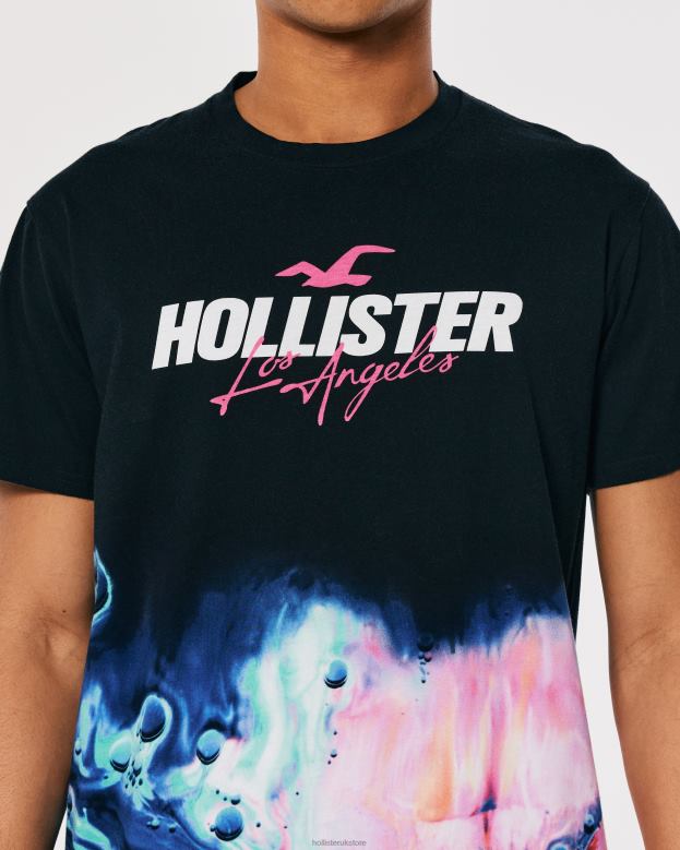 Tops Hollister Men Curved Hem Wash Effect Logo Graphic Tee 48820828 Black With Pink Print