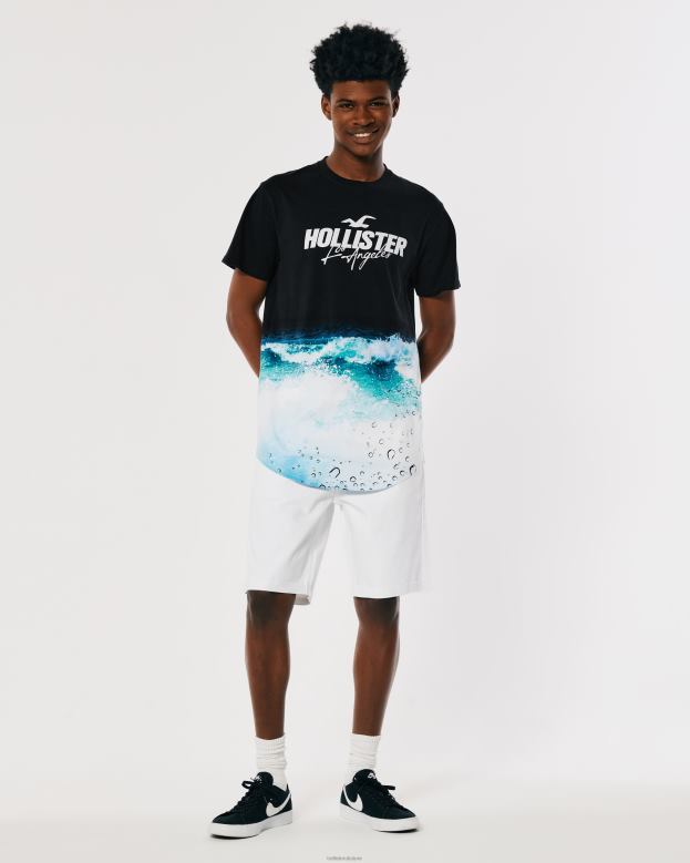 Tops Hollister Men Curved Hem Wash Effect Logo Graphic Tee 48820844 Black Print