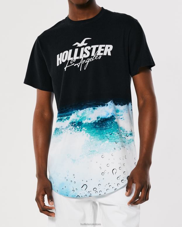Tops Hollister Men Curved Hem Wash Effect Logo Graphic Tee 48820844 Black Print