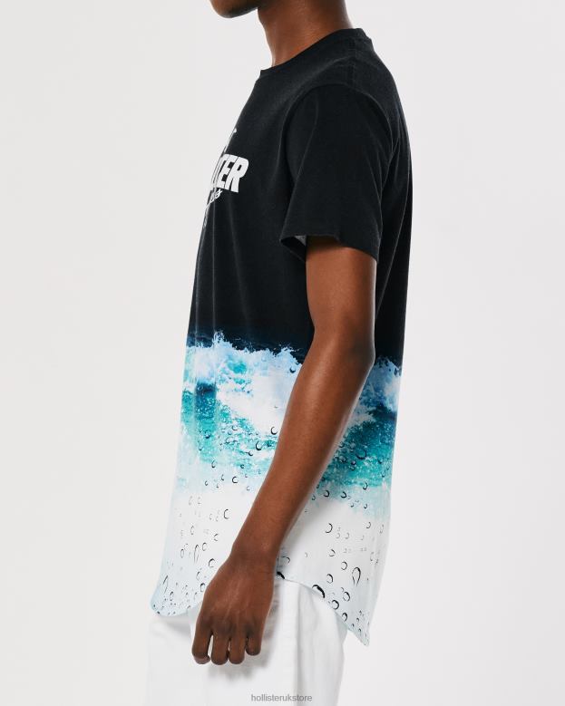 Tops Hollister Men Curved Hem Wash Effect Logo Graphic Tee 48820844 Black Print