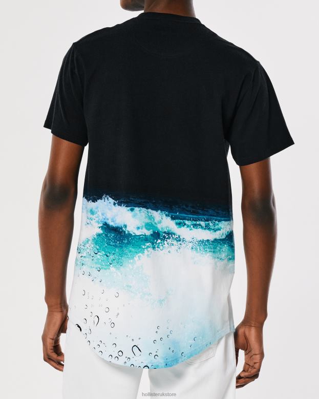 Tops Hollister Men Curved Hem Wash Effect Logo Graphic Tee 48820844 Black Print