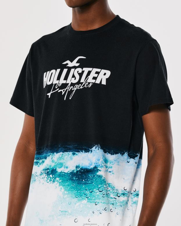Tops Hollister Men Curved Hem Wash Effect Logo Graphic Tee 48820844 Black Print