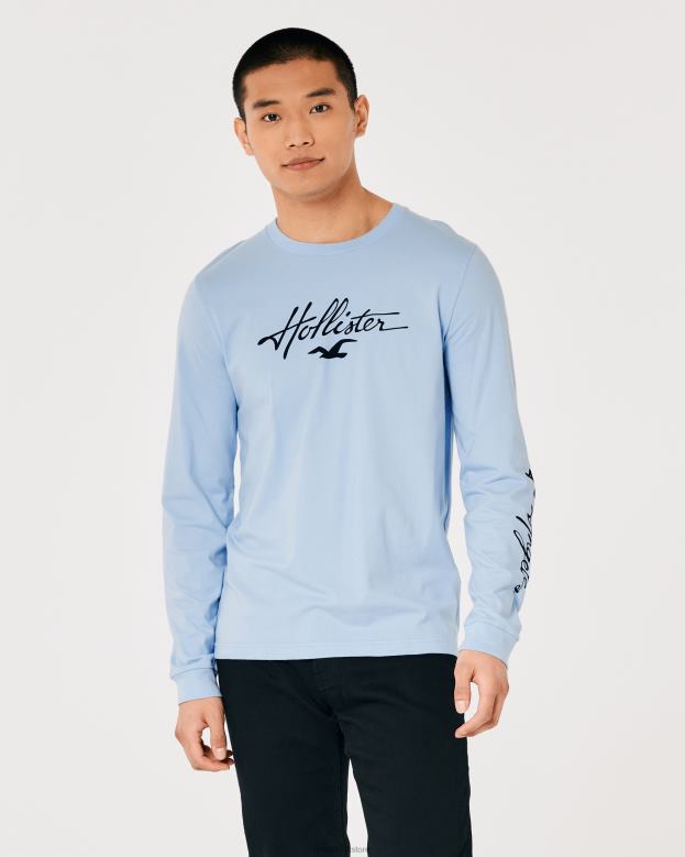 Tops Hollister Men Long-Sleeve Logo Graphic Tee 48820826 Light Blue