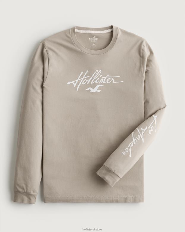 Tops Hollister Men Long-Sleeve Logo Graphic Tee 48820848 Light Brown