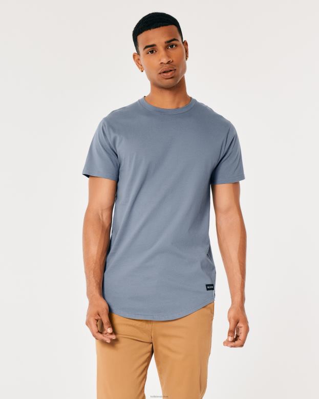 Tops Hollister Men Longline Curved Hem Crew T-Shirt 48820924 Light Blue