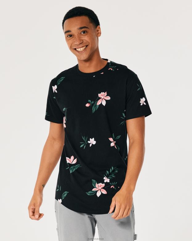 Tops Hollister Men Longline Curved Hem Floral Pattern T-Shirt 48820813 Black Floral