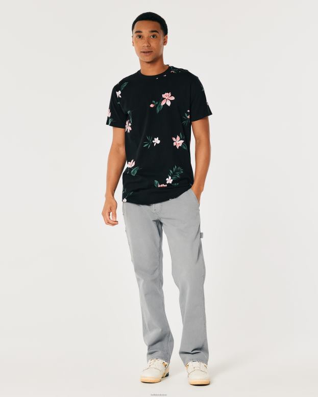 Tops Hollister Men Longline Curved Hem Floral Pattern T-Shirt 48820813 Black Floral
