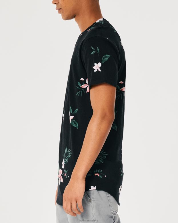 Tops Hollister Men Longline Curved Hem Floral Pattern T-Shirt 48820813 Black Floral