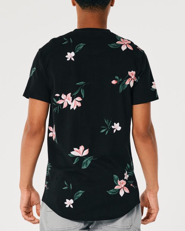 Tops Hollister Men Longline Curved Hem Floral Pattern T-Shirt 48820813 Black Floral