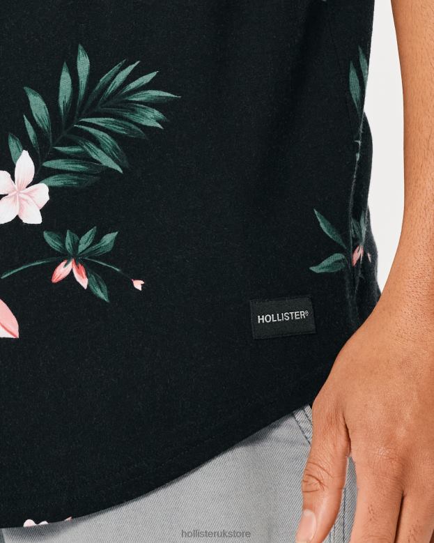 Tops Hollister Men Longline Curved Hem Floral Pattern T-Shirt 48820813 Black Floral
