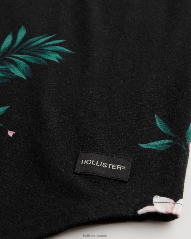 Tops Hollister Men Longline Curved Hem Floral Pattern T-Shirt 48820813 Black Floral