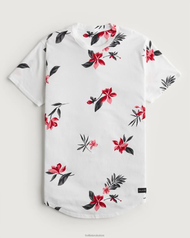 Tops Hollister Men Longline Curved Hem Floral Pattern T-Shirt 48820847 White Floral