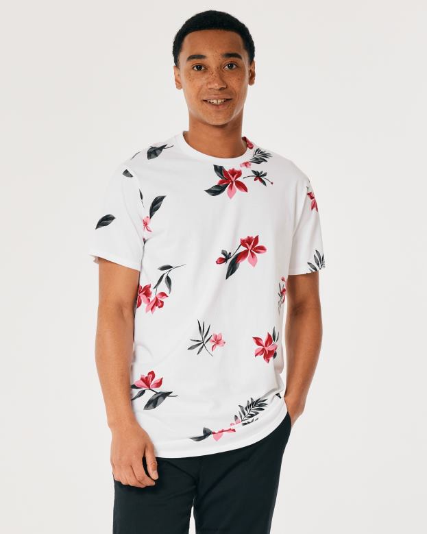 Tops Hollister Men Longline Curved Hem Floral Pattern T-Shirt 48820847 White Floral