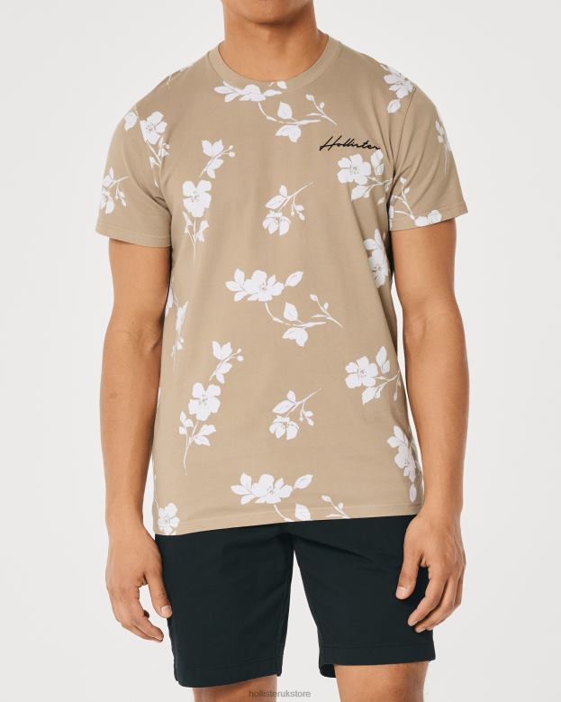 Tops Hollister Men Pattern Logo Crew T-Shirt 48820901 Tan Floral