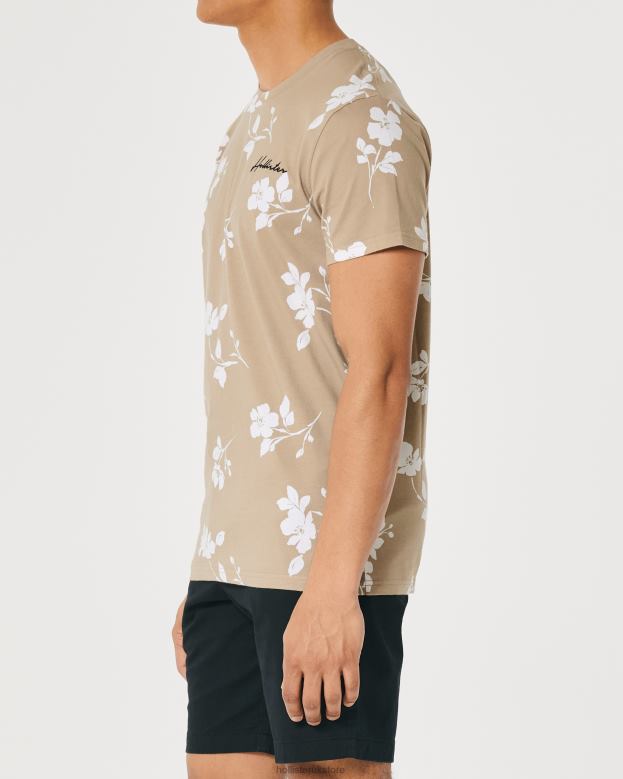 Tops Hollister Men Pattern Logo Crew T-Shirt 48820901 Tan Floral