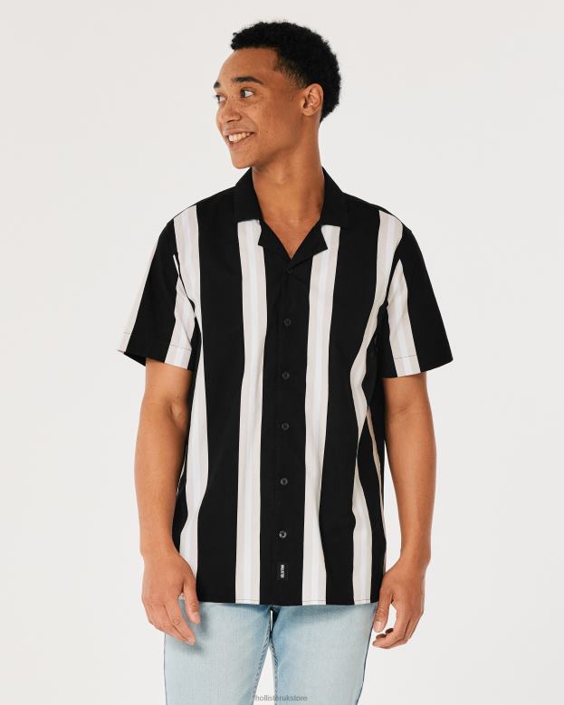 Tops Hollister Men Relaxed Short-Sleeve Pattern Poplin Shirt 488201006 Black Stripe
