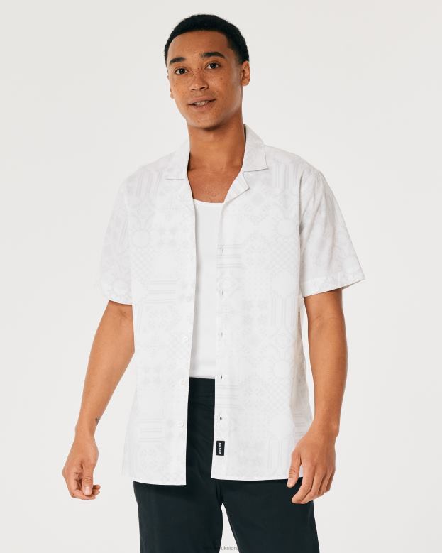 Tops Hollister Men Relaxed Short-Sleeve Pattern Poplin Shirt 48820893 White Pattern
