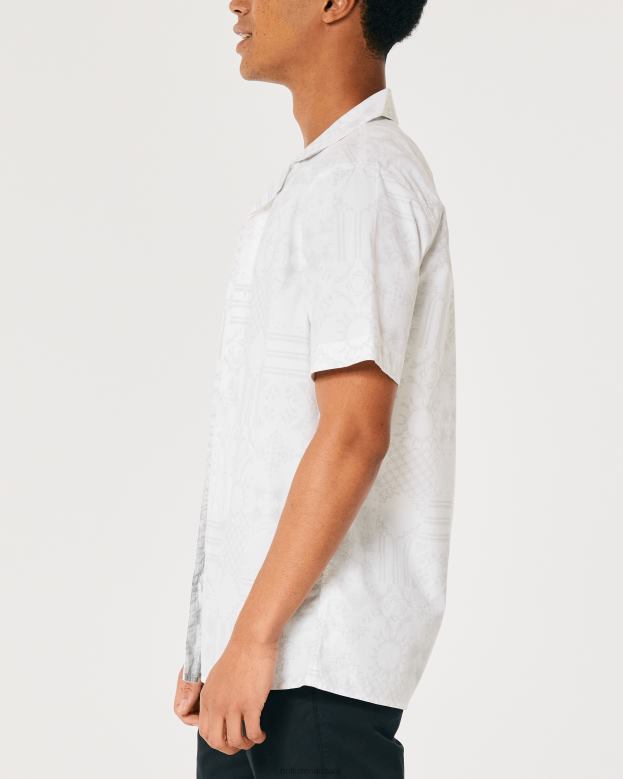 Tops Hollister Men Relaxed Short-Sleeve Pattern Poplin Shirt 48820893 White Pattern
