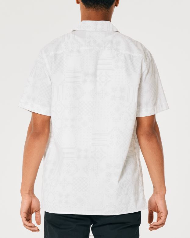 Tops Hollister Men Relaxed Short-Sleeve Pattern Poplin Shirt 48820893 White Pattern