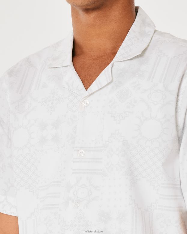 Tops Hollister Men Relaxed Short-Sleeve Pattern Poplin Shirt 48820893 White Pattern