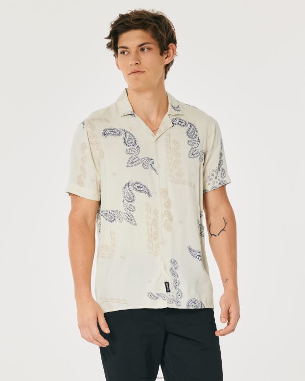 Tops Hollister Men Relaxed Short-Sleeve Pattern Shirt 48820907 Cream Pattern