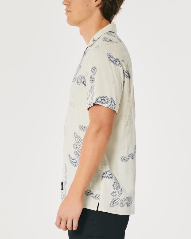 Tops Hollister Men Relaxed Short-Sleeve Pattern Shirt 48820907 Cream Pattern