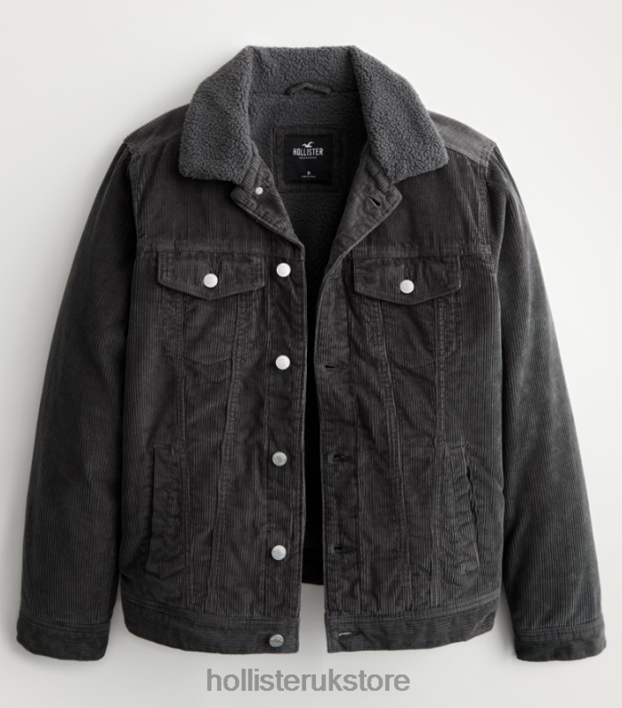 Tops Hollister Men Sherpa-Lined Corduroy Trucker Jacket 488201074 Dark Grey Corduroy