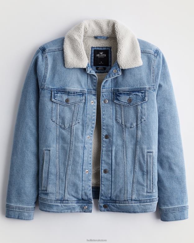 Tops Hollister Men Sherpa-Lined Denim Trucker Jacket 48820909 Light Wash
