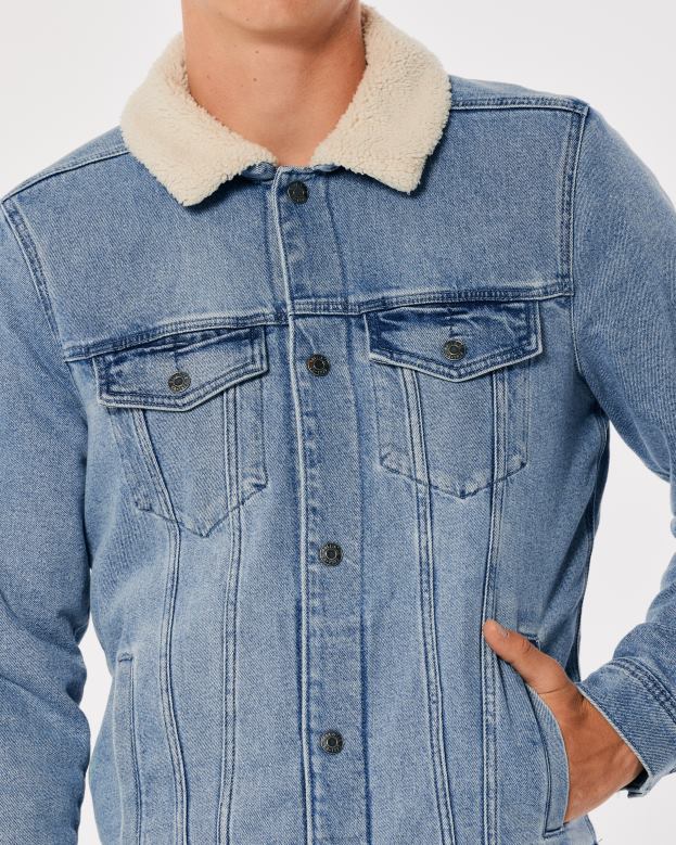 Tops Hollister Men Sherpa-Lined Denim Trucker Jacket 48820909 Light Wash