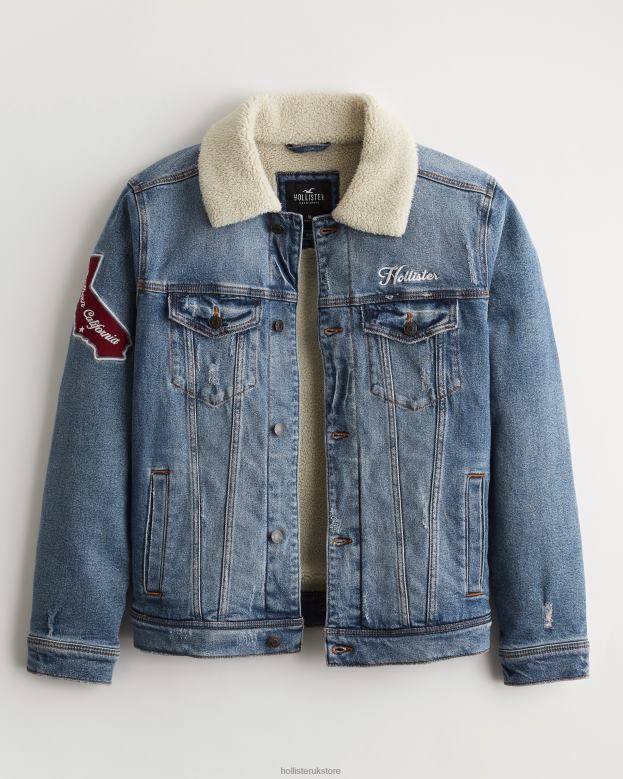 Tops Hollister Men Sherpa-Lined Denim Varsity Trucker Jacket 488201081 Medium Wash