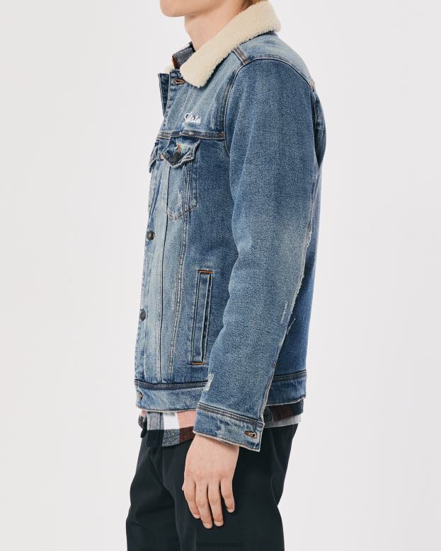 Tops Hollister Men Sherpa-Lined Denim Varsity Trucker Jacket 488201081 Medium Wash